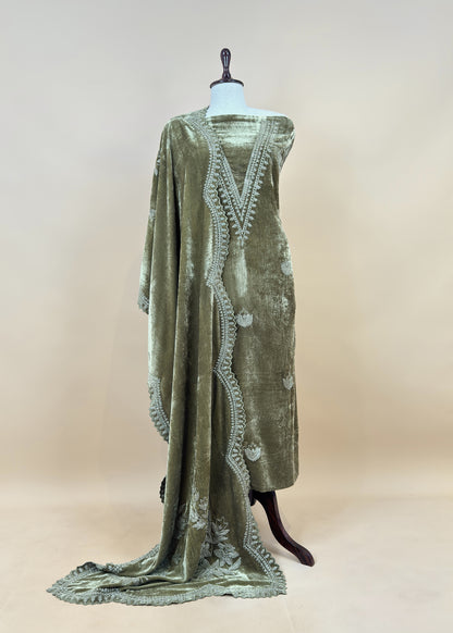 Light Green Pure Velvet Unstitched Suit In Dori Embroidery
