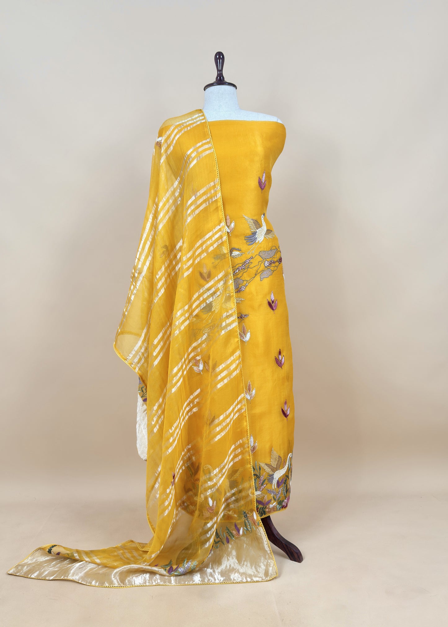 Yellow Handloom Organza Silk Suit Fabric With Flamingos Kantha Handwork