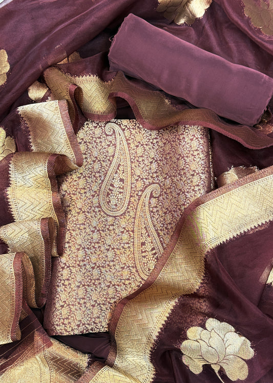 Brown Banarasi Silk Brocade Suit With Organza Dupatta