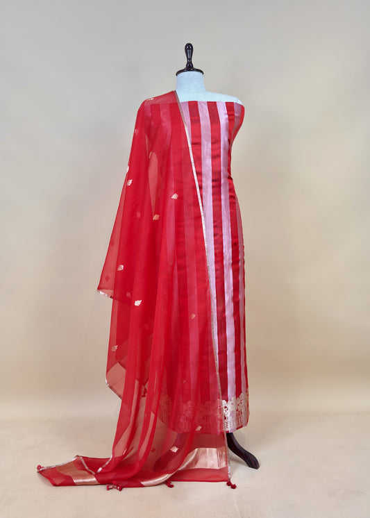 Red Gold Zari Woven Handloom Silk Suit Fabric