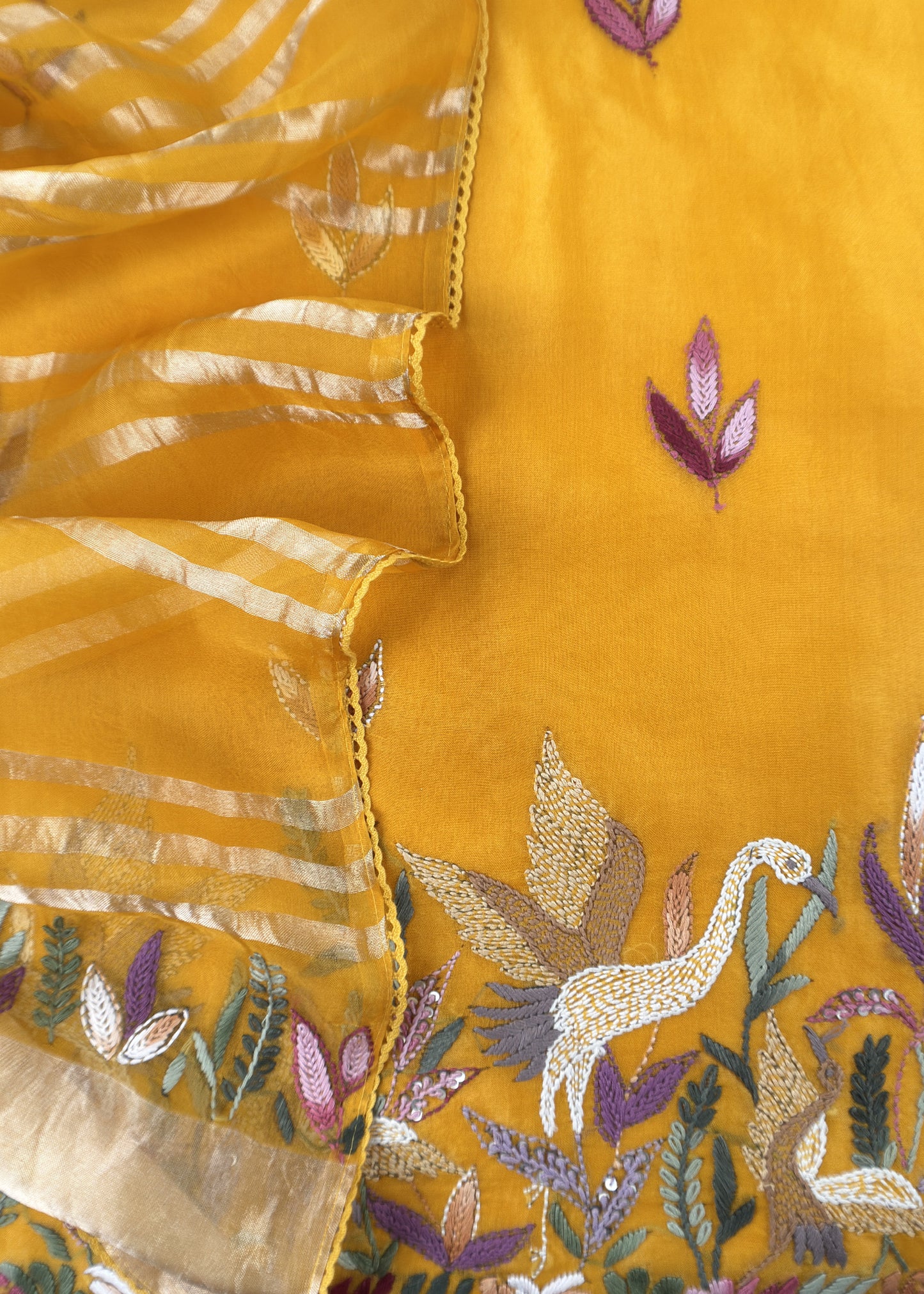 Yellow Handloom Organza Silk Suit Fabric With Flamingos Kantha Handwork