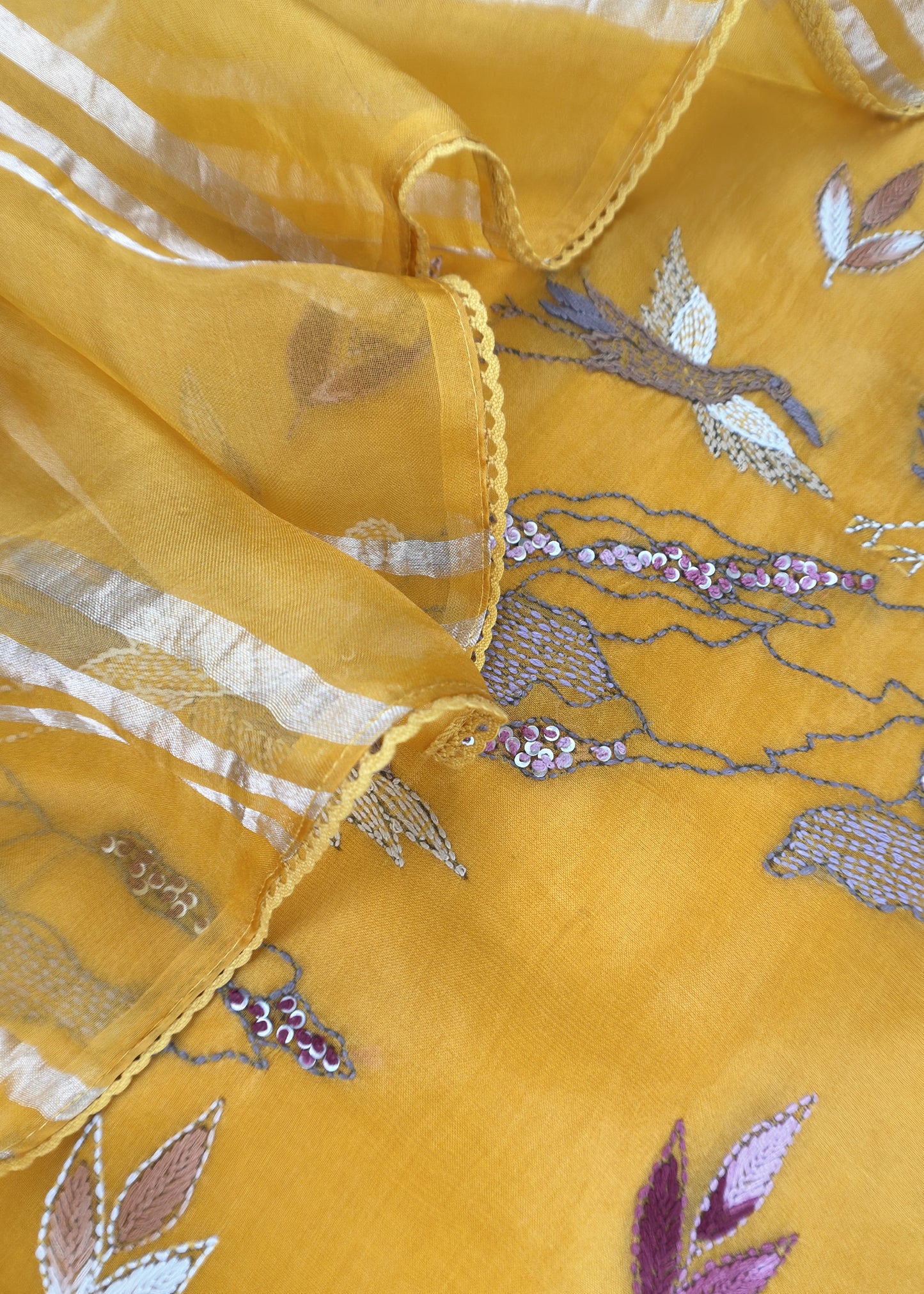 Yellow Handloom Organza Silk Suit Fabric With Flamingos Kantha Handwork