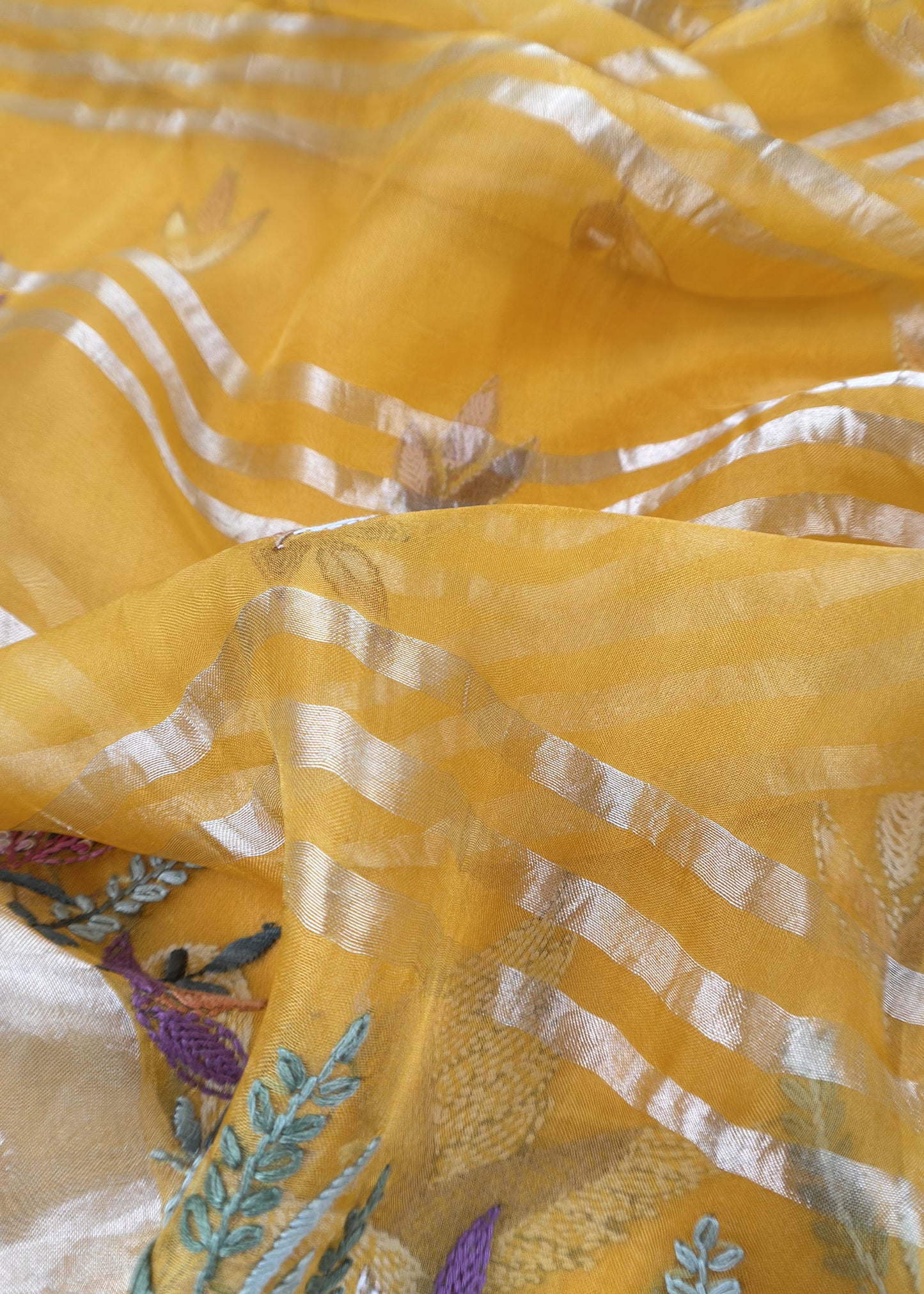 Yellow Handloom Organza Silk Suit Fabric With Flamingos Kantha Handwork