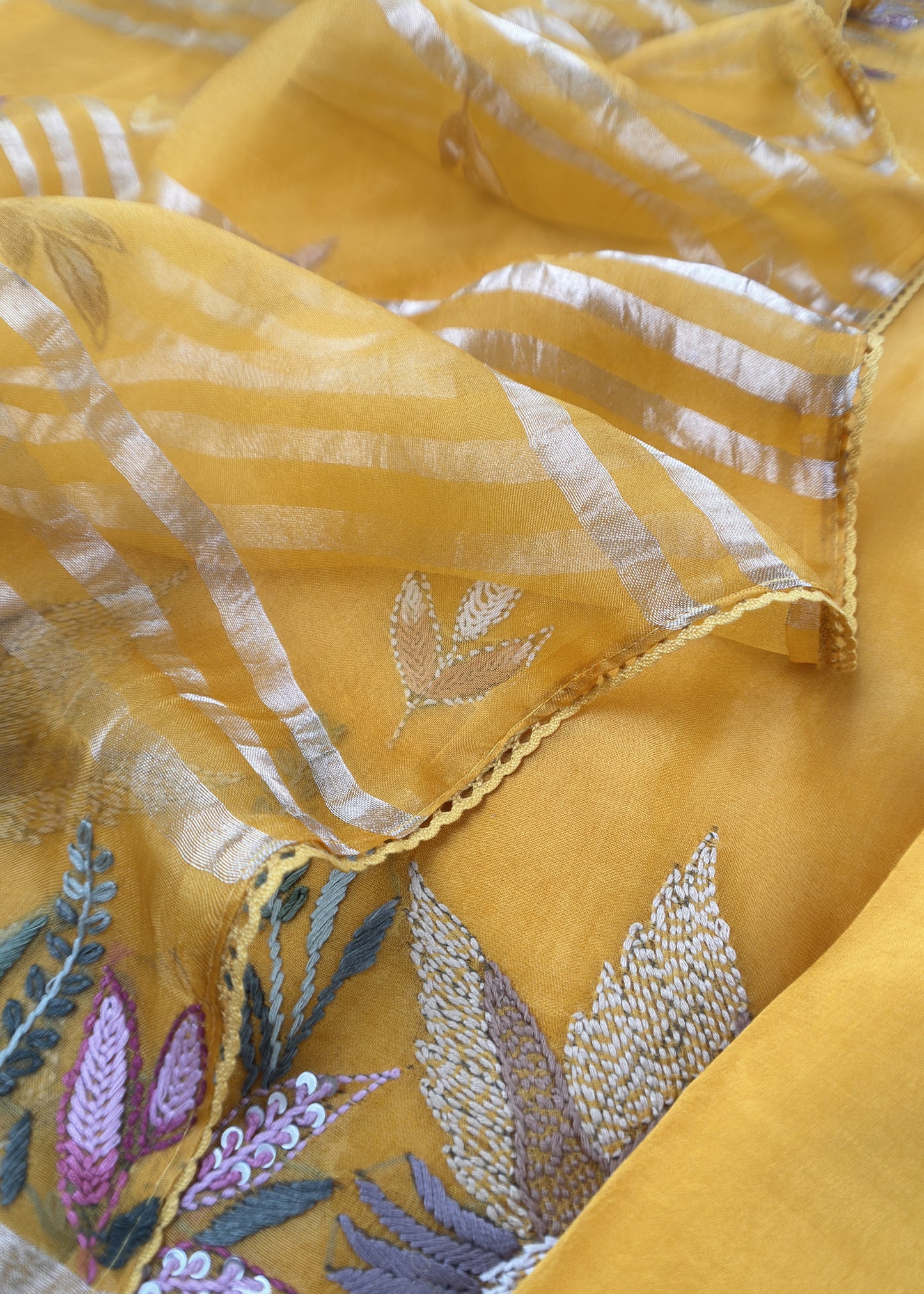 Yellow Handloom Organza Silk Suit Fabric With Flamingos Kantha Handwork
