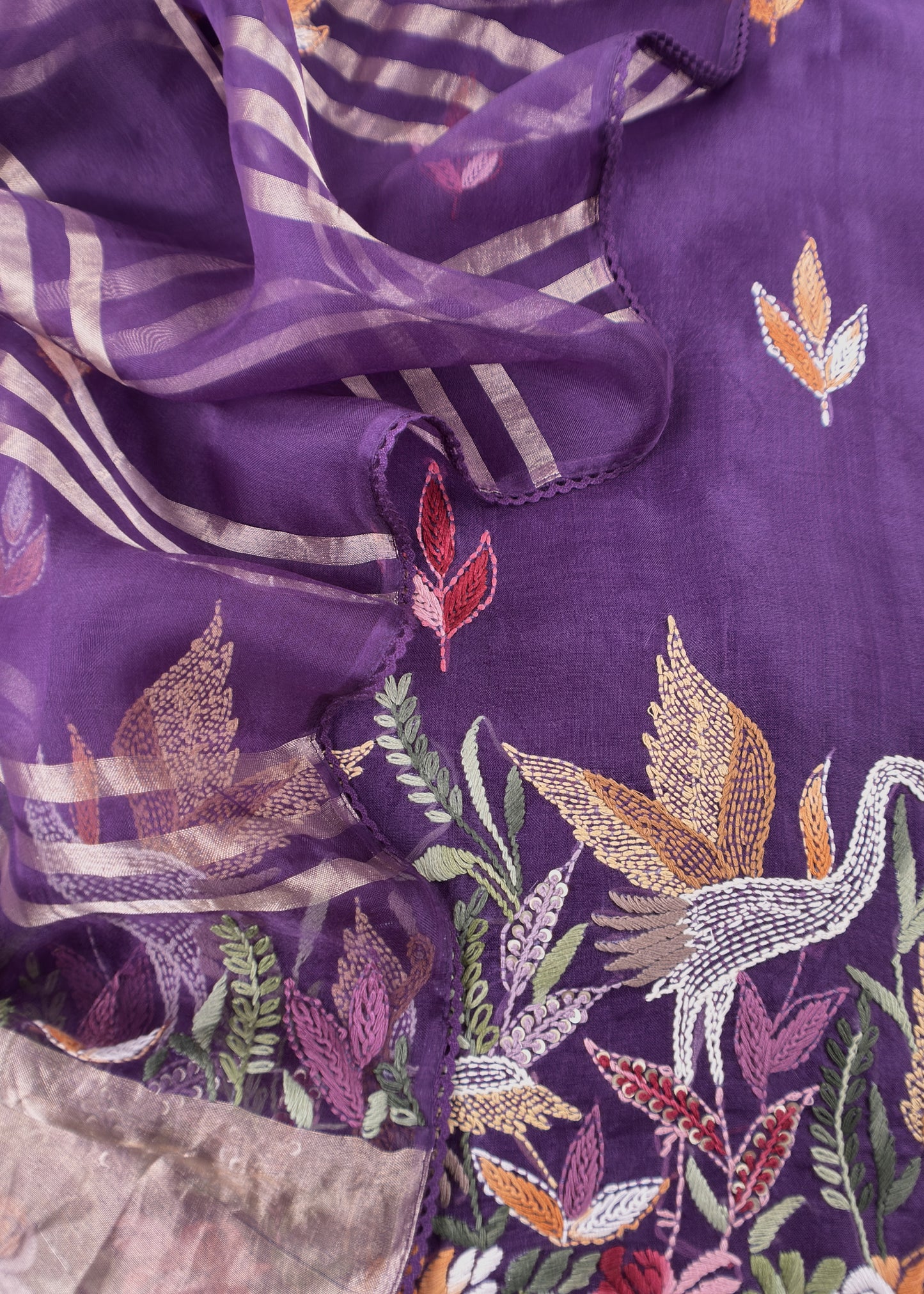 Purple Handloom Organza Silk Suit Fabric With Flamingos Kantha Handwork
