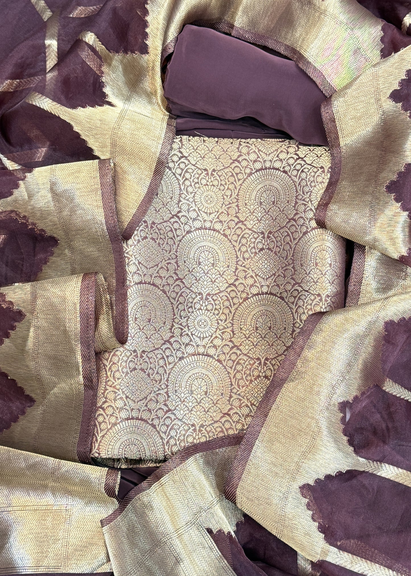 Derk Brown Banarasi Silk Brocade Suit With Organza Dupatta