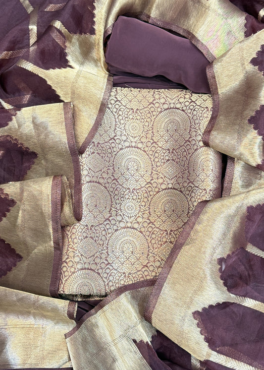 Derk Brown Banarasi Silk Brocade Suit With Organza Dupatta