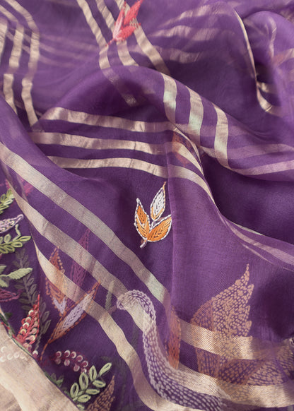 Purple Handloom Organza Silk Suit Fabric With Flamingos Kantha Handwork