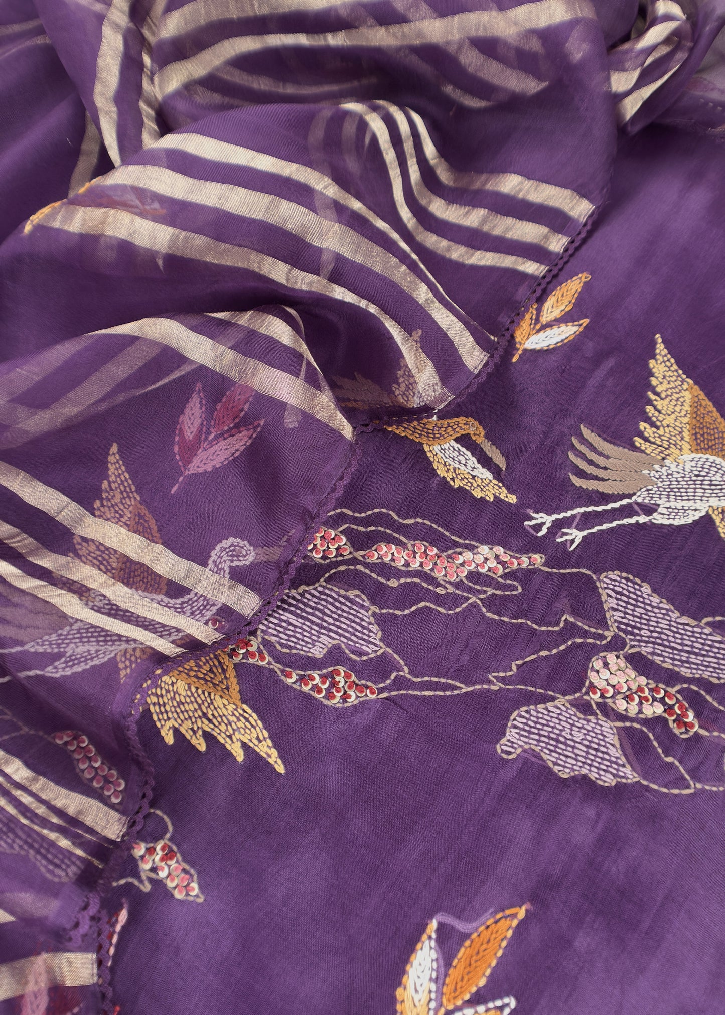 Purple Handloom Organza Silk Suit Fabric With Flamingos Kantha Handwork