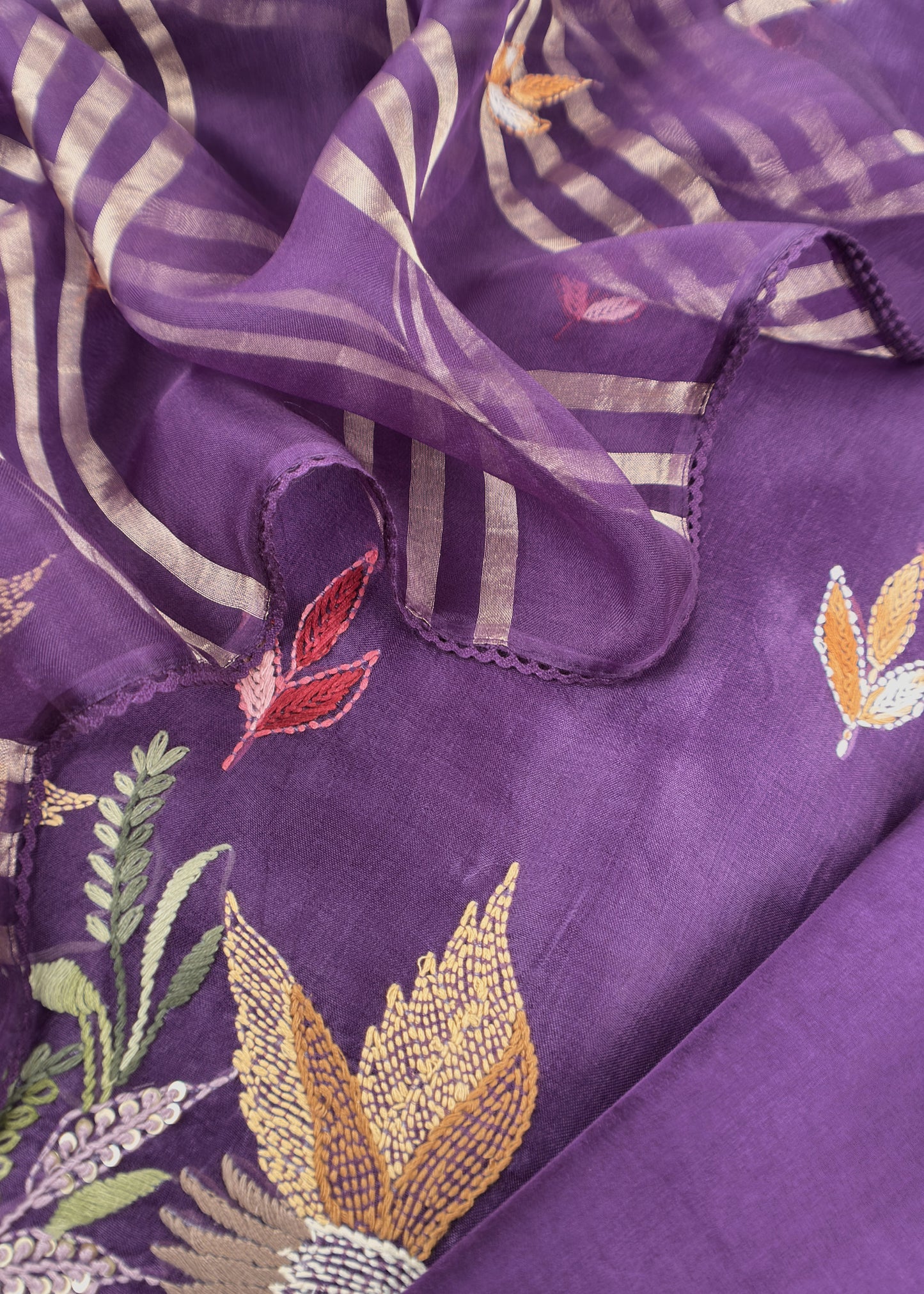 Purple Handloom Organza Silk Suit Fabric With Flamingos Kantha Handwork