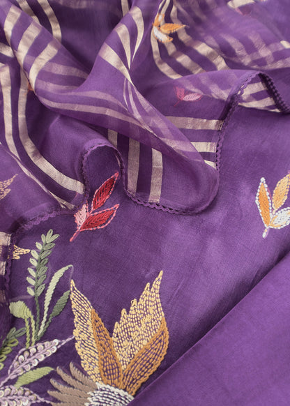 Purple Handloom Organza Silk Suit Fabric With Flamingos Kantha Handwork