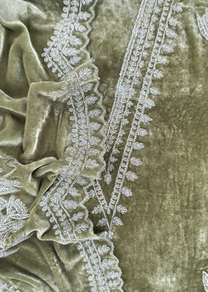 Light Green Pure Velvet Unstitched Suit In Dori Embroidery