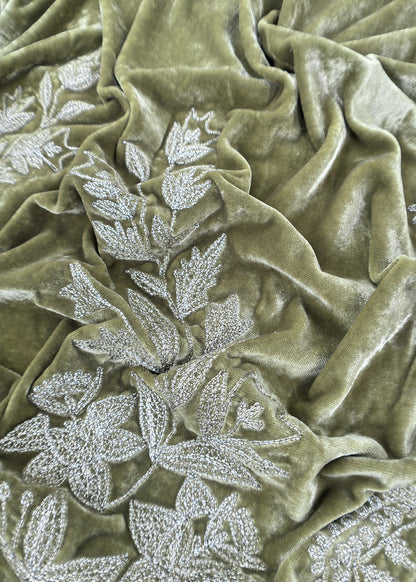 Light Green Pure Velvet Unstitched Suit In Dori Embroidery