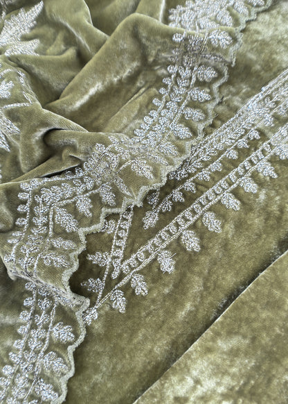 Light Green Pure Velvet Unstitched Suit In Dori Embroidery