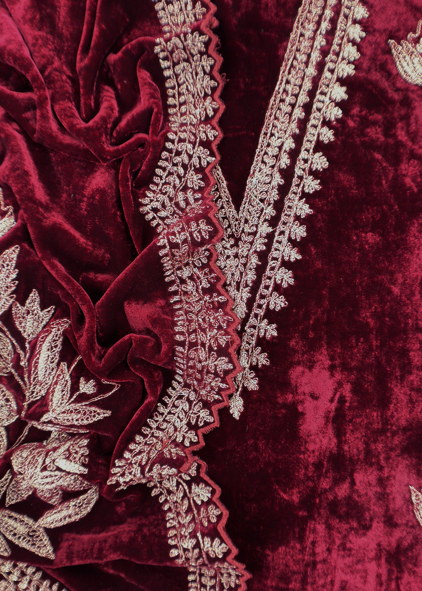 Maroon Pure Velvet Unstitched Suit In Dori Embroidery