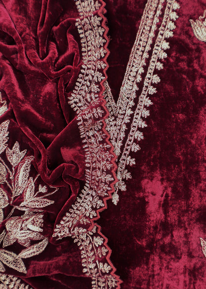 Maroon Pure Velvet Unstitched Suit In Dori Embroidery