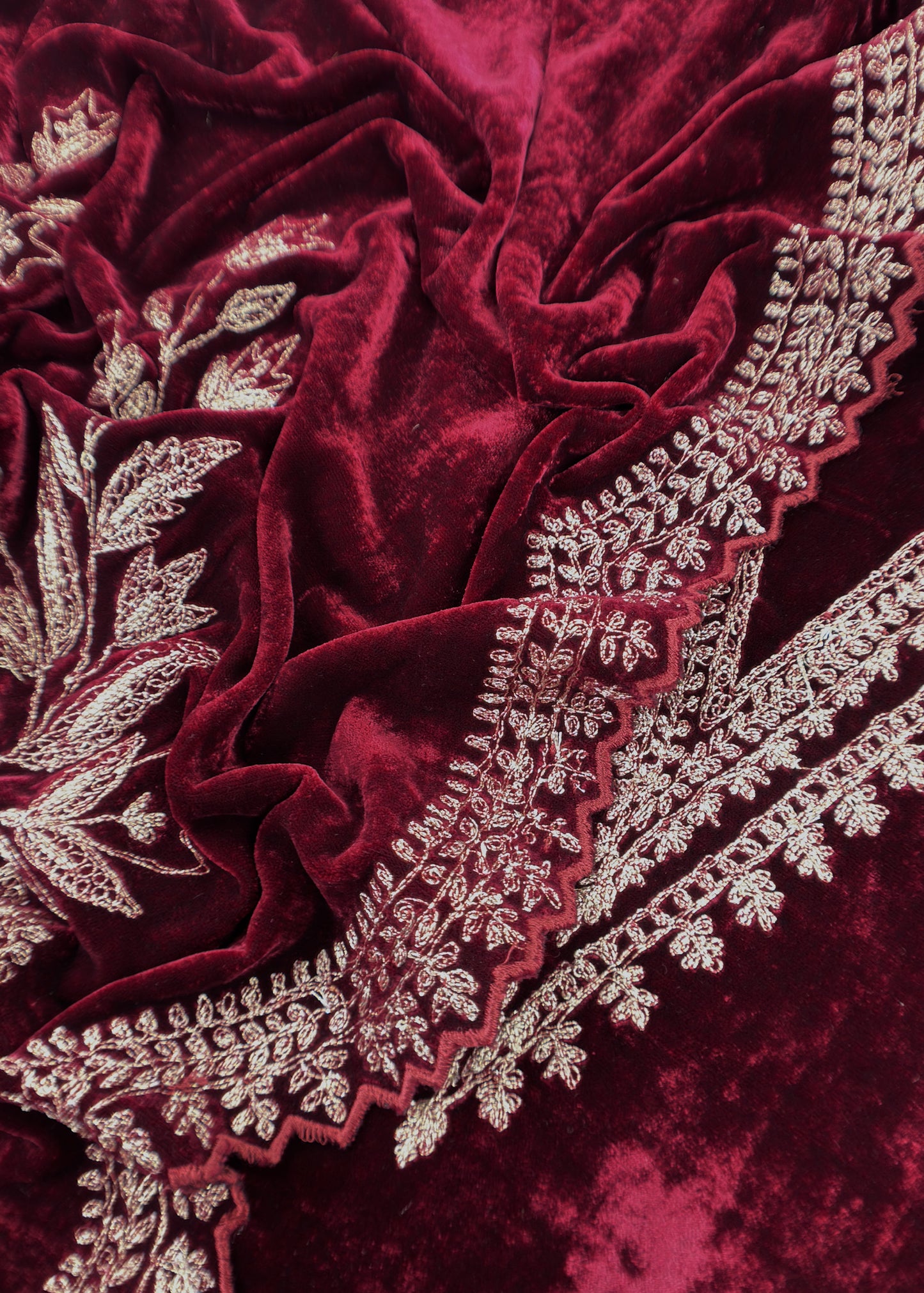 Maroon Pure Velvet Unstitched Suit In Dori Embroidery