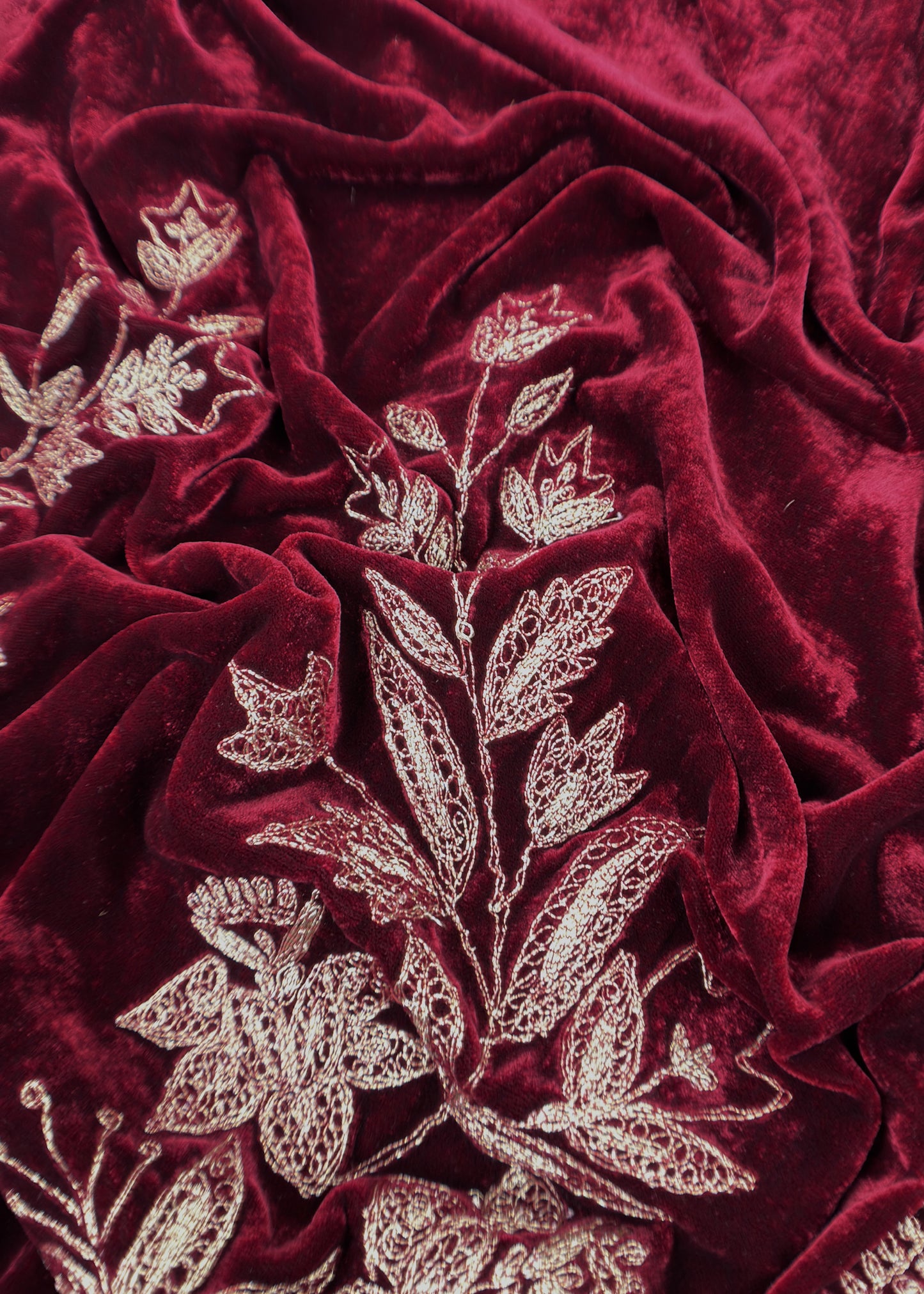 Maroon Pure Velvet Unstitched Suit In Dori Embroidery