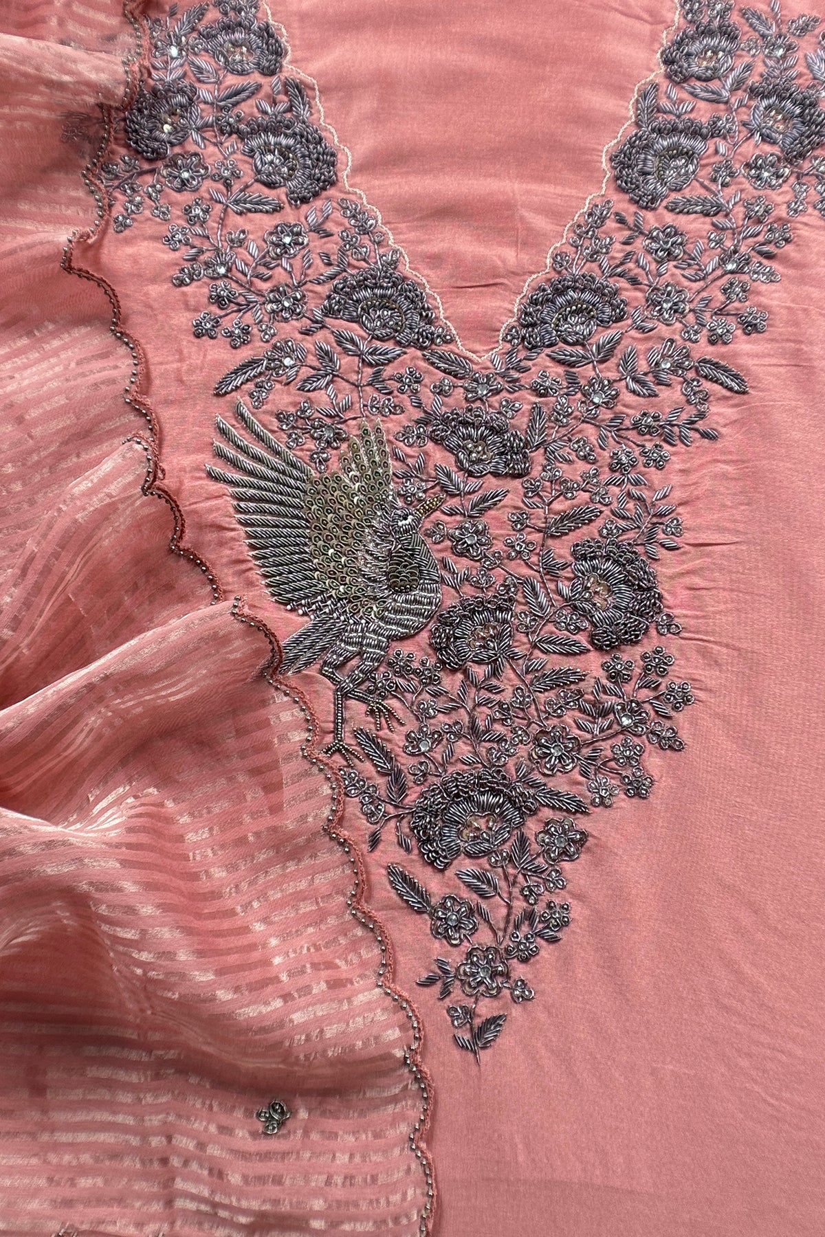 Luxury silk suit with dabka dori chidiya handwork

