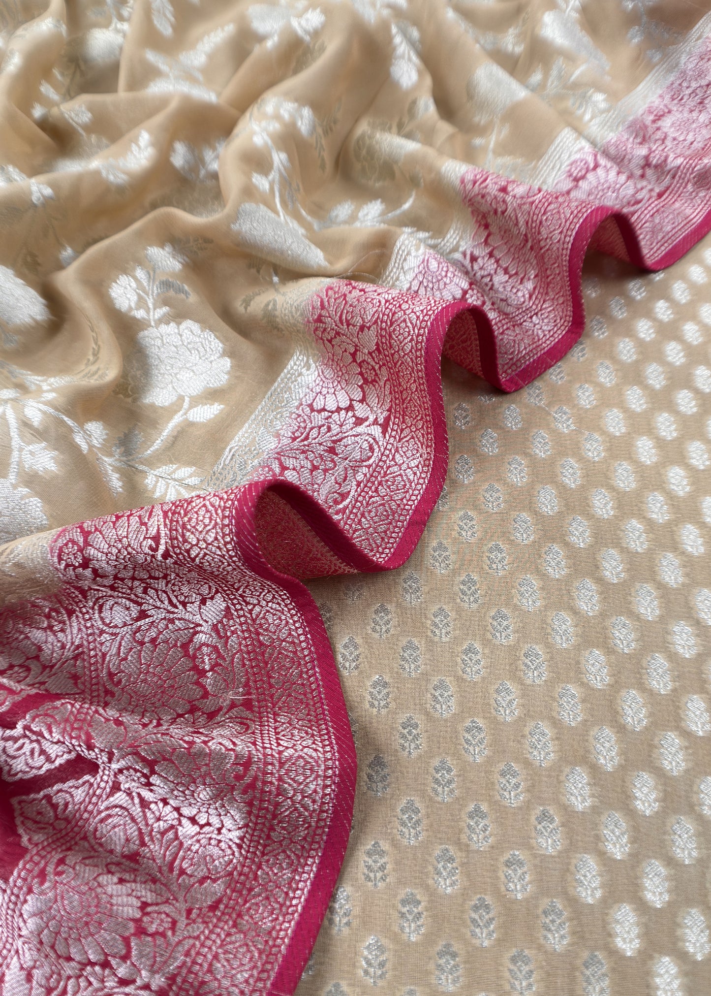 Beige Handloom Khadi Weaving Unstitched Suit In Georgette