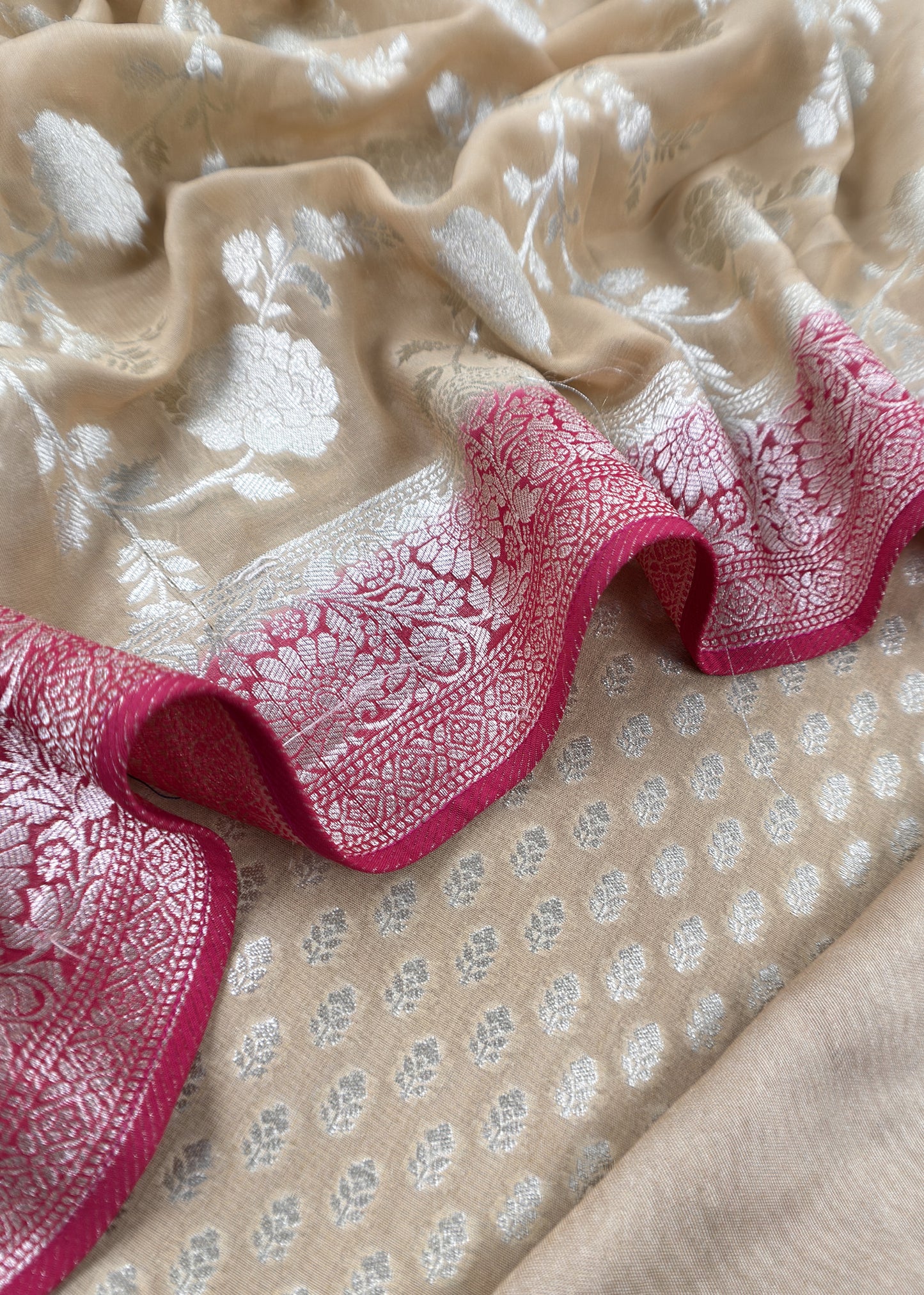 Beige Handloom Khadi Weaving Unstitched Suit In Georgette