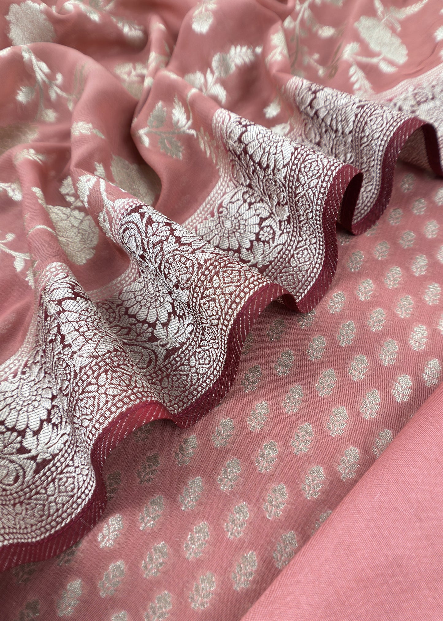 Peach Handloom Khadi Weaving Unstitched Suit In Georgette