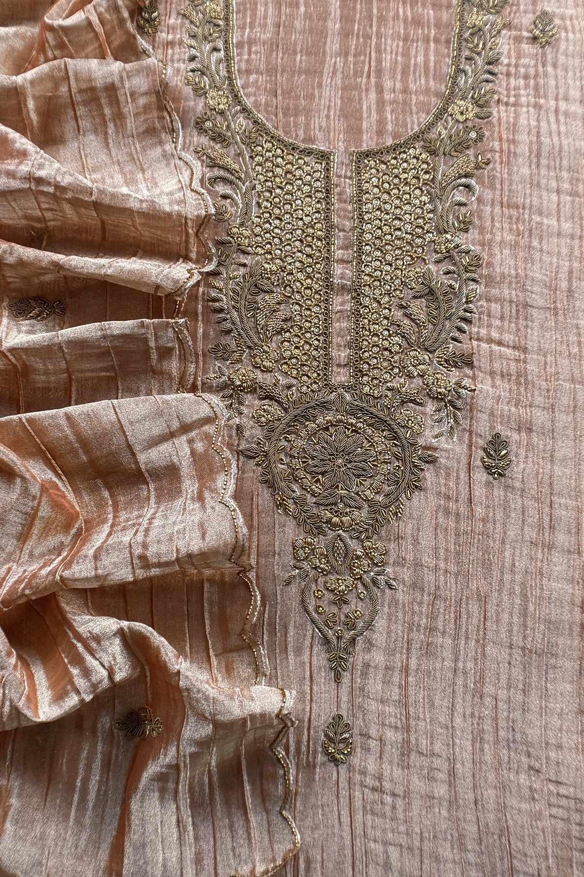 Pastel Peach Crush Tissue Silk Suit With Dupatta And Gota Patti Handwork