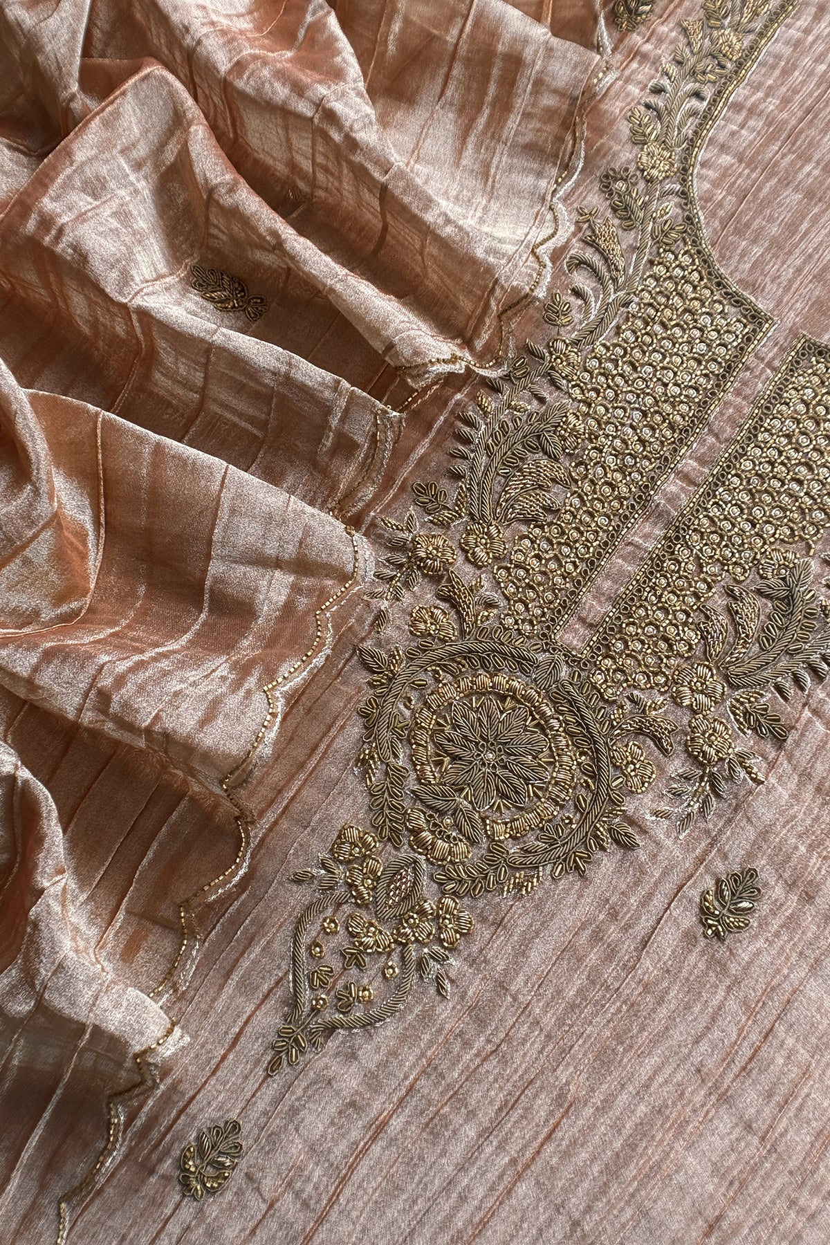 Pastel Peach Crush Tissue Silk Suit With Dupatta And Gota Patti Handwork