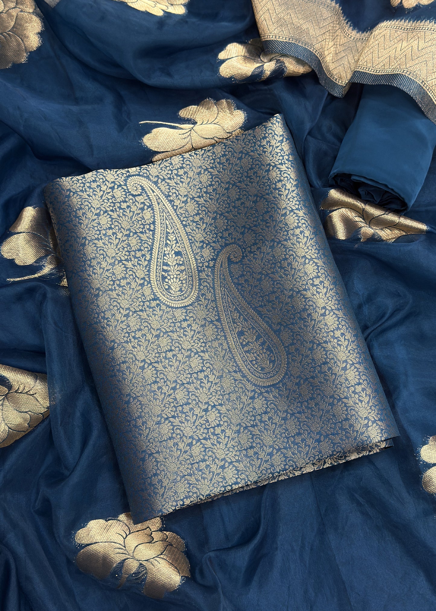 Derk Blue Banarasi Silk Brocade Suit With Organza Dupatta