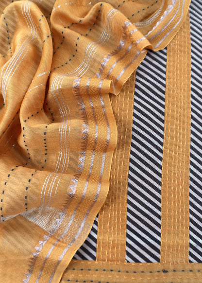 Yellow Maheshwari Silk Suit Fabric With kantha Dupatta And Kantha Stitch Hand Embroidery