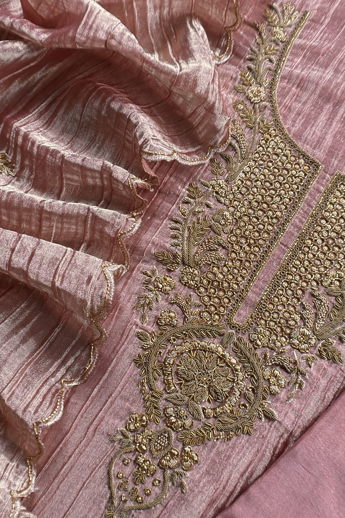 Pastel Pink Crush Tissue Silk Suit With Dupatta And Gota Patti Handwork