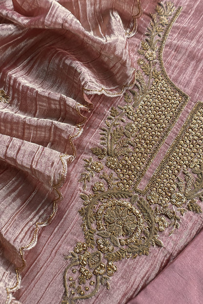 Pastel Pink Crush Tissue Silk Suit With Dupatta And Gota Patti Handwork