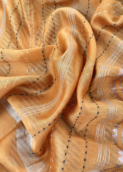 Yellow Maheshwari Silk Suit Fabric With kantha Dupatta And Kantha Stitch Hand Embroidery