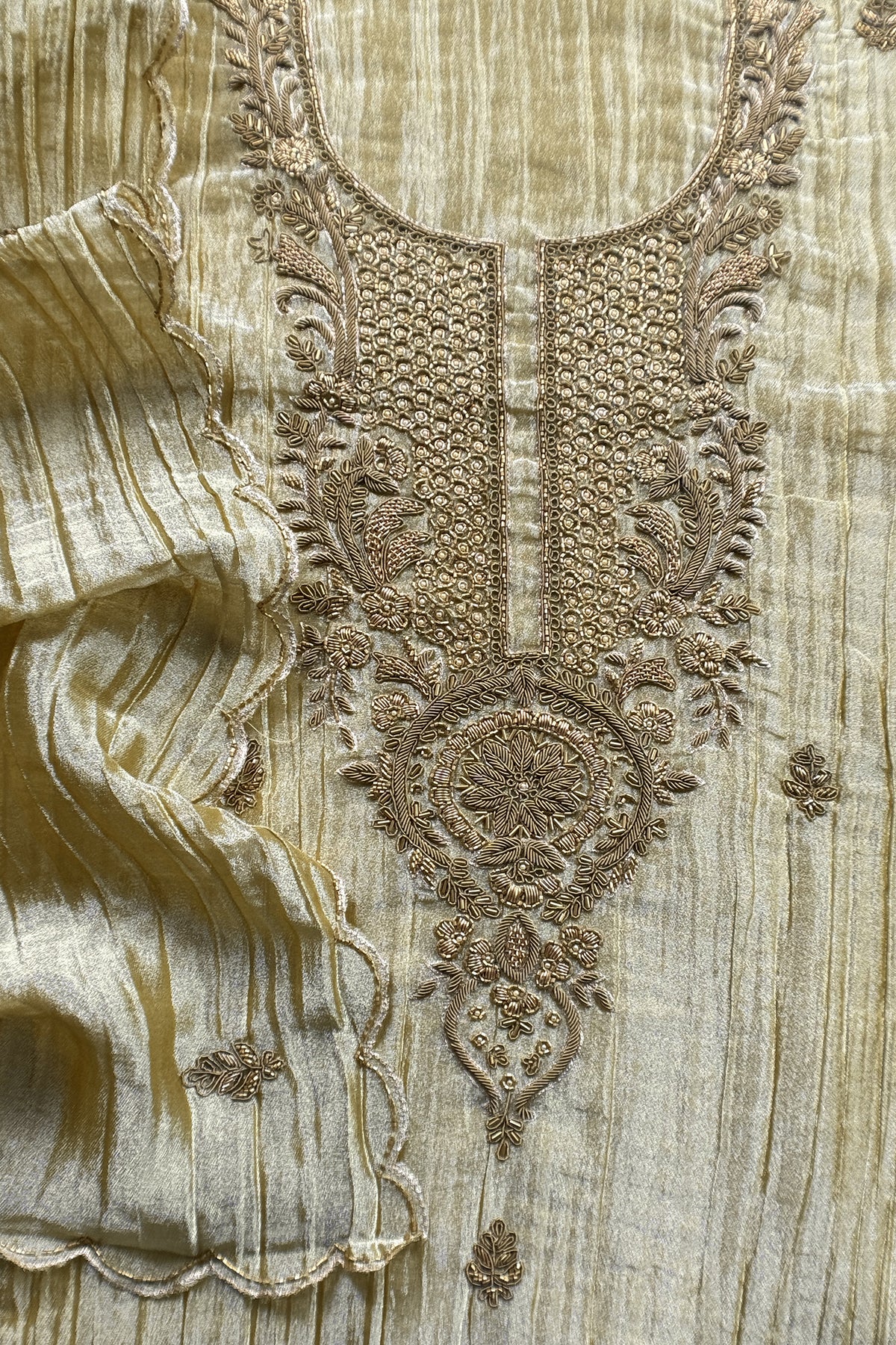 Light Yellow Crush Tissue Silk Suit With Dupatta And Gota Patti Handwork
