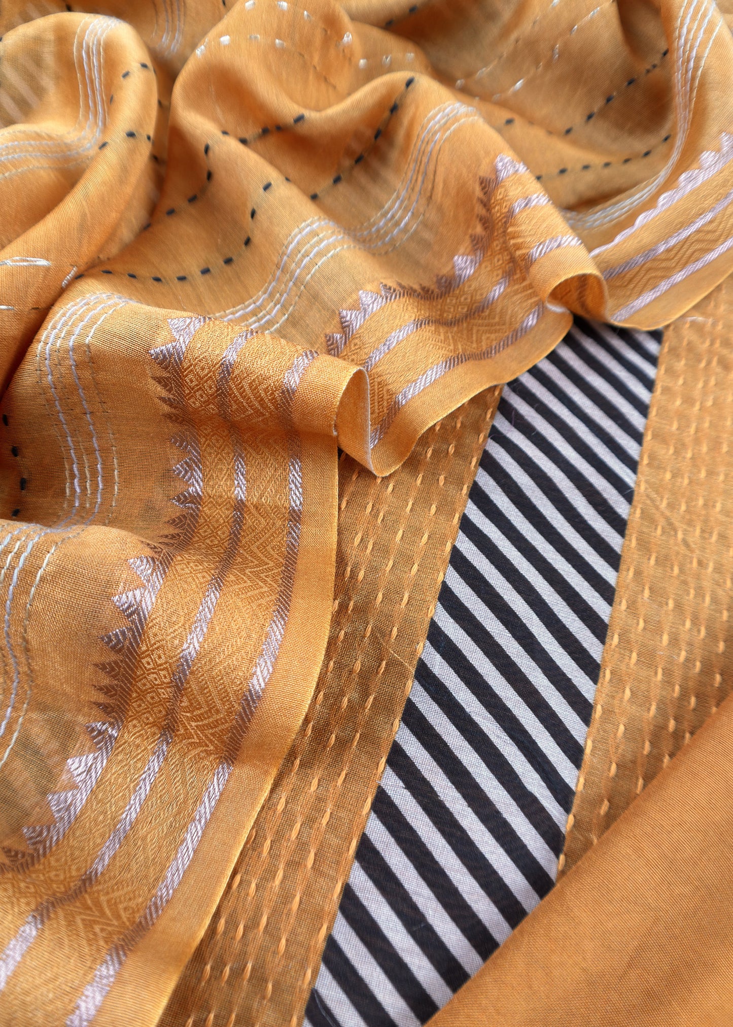 Yellow Maheshwari Silk Suit Fabric With kantha Dupatta And Kantha Stitch Hand Embroidery