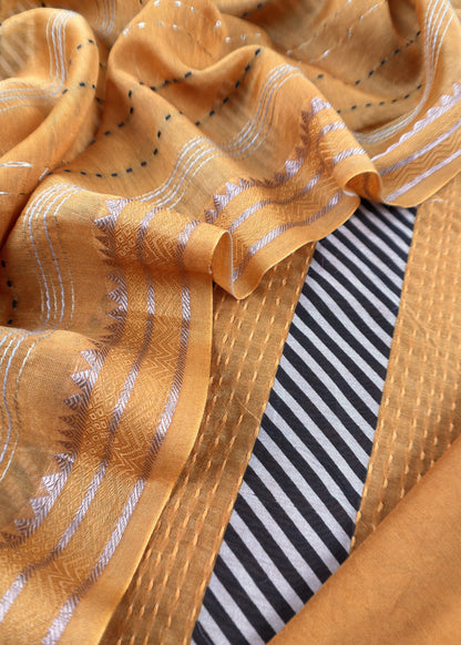 Yellow Maheshwari Silk Suit Fabric With kantha Dupatta And Kantha Stitch Hand Embroidery
