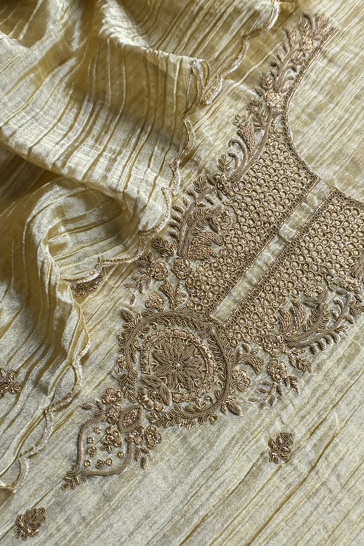 Light Yellow Crush Tissue Silk Suit With Dupatta And Gota Patti Handwork