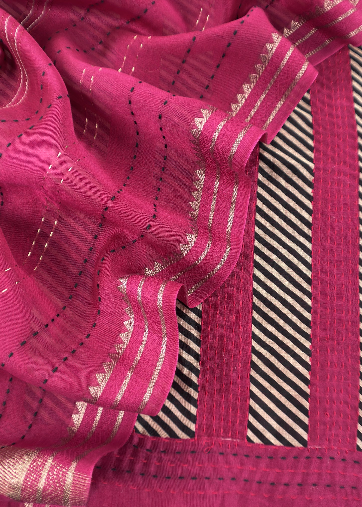 Pink Maheshwari Silk Suit Fabric With kantha Dupatta And Kantha Stitch Hand Embroidery