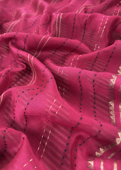 Pink Maheshwari Silk Suit Fabric With kantha Dupatta And Kantha Stitch Hand Embroidery