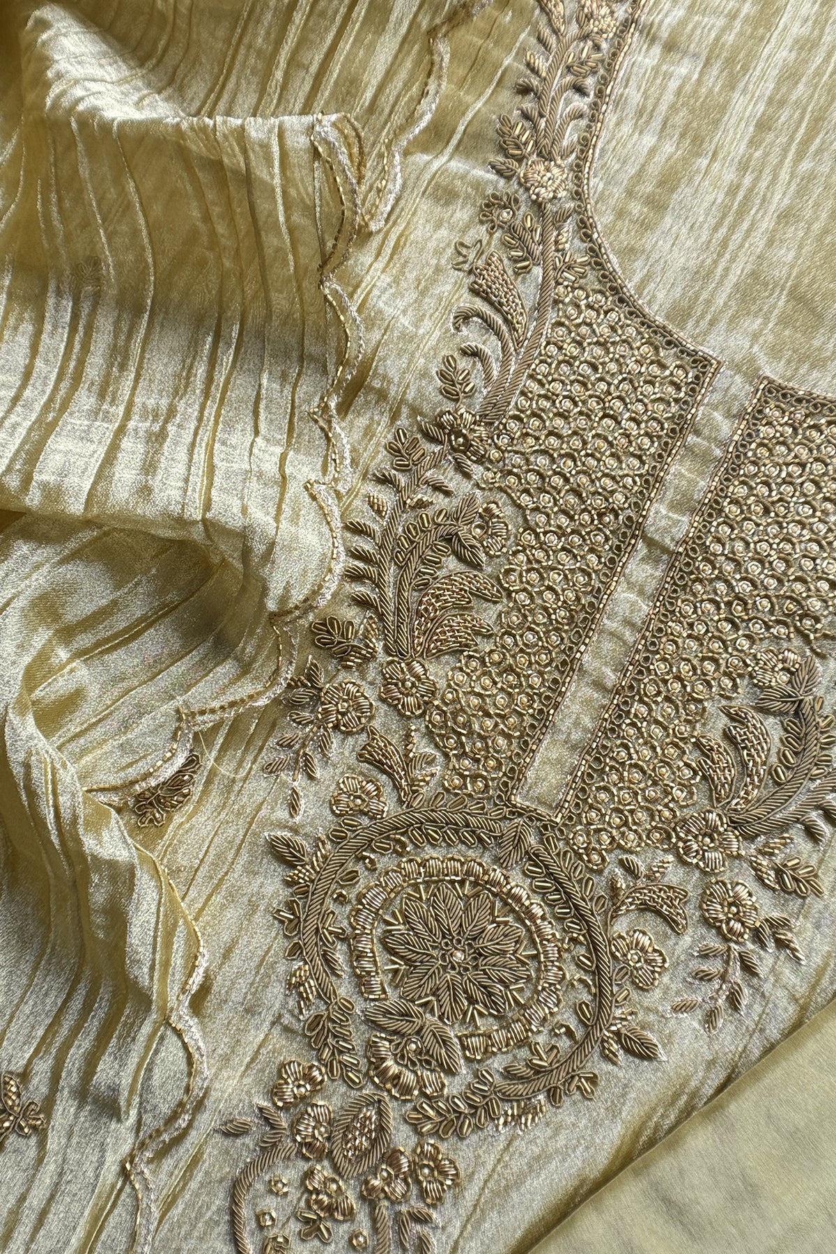 Light Yellow Crush Tissue Silk Suit With Dupatta And Gota Patti Handwork