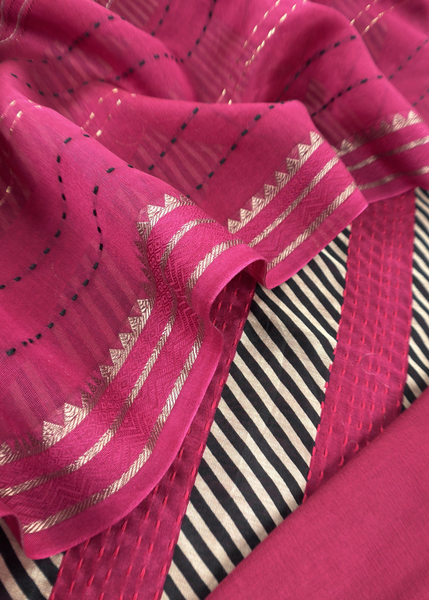 Pink Maheshwari Silk Suit Fabric With kantha Dupatta And Kantha Stitch Hand Embroidery