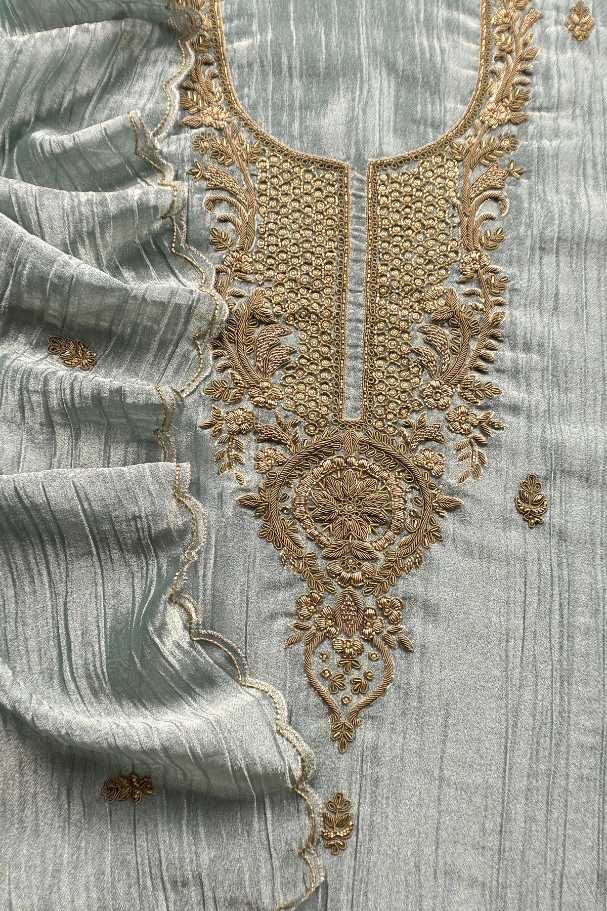 Pastel Blue Crush Tissue Silk Suit With Dupatta And Gota Patti Handwork