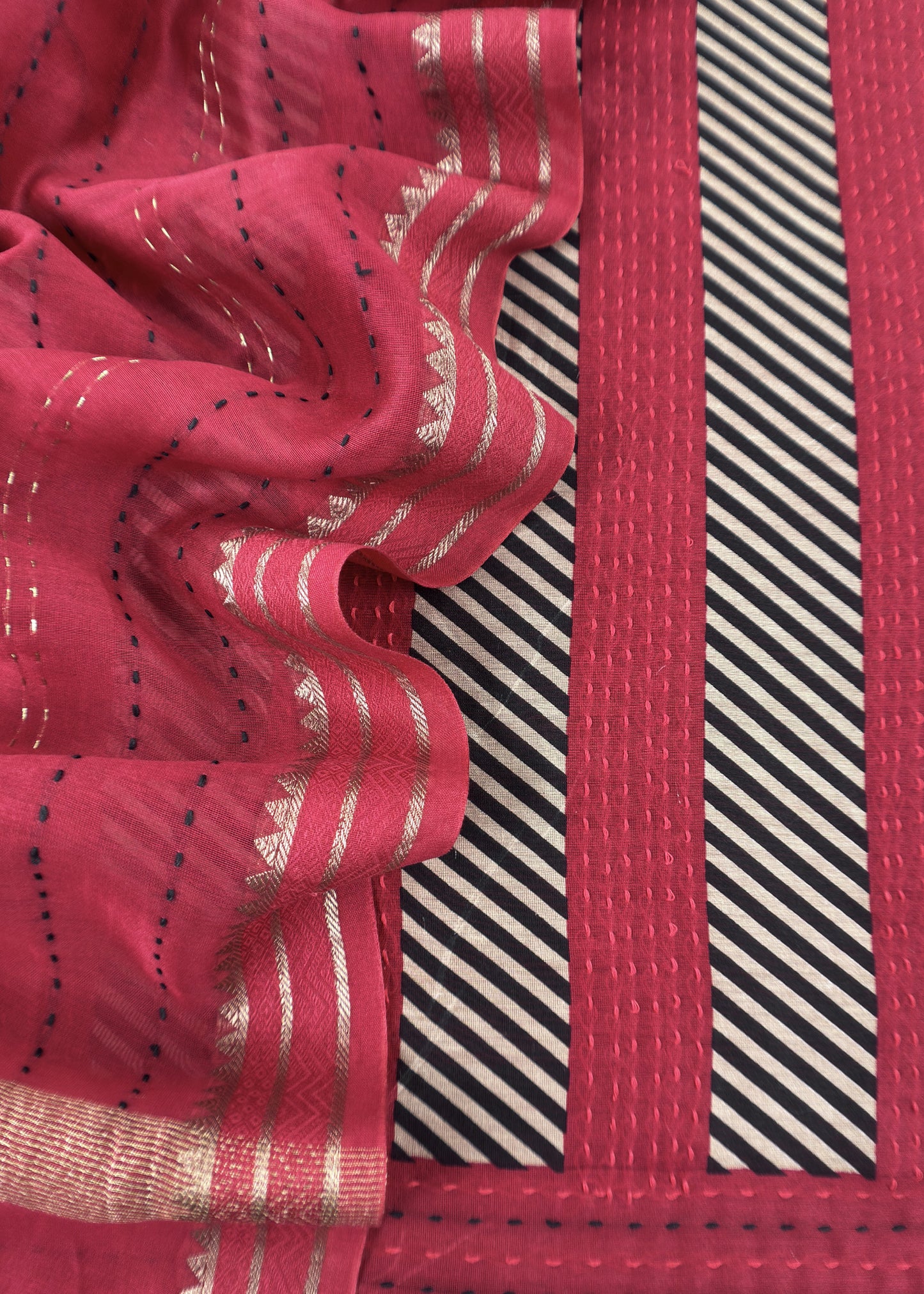 Red Maheshwari Silk Suit Fabric With kantha Dupatta And Kantha Stitch Hand Embroidery