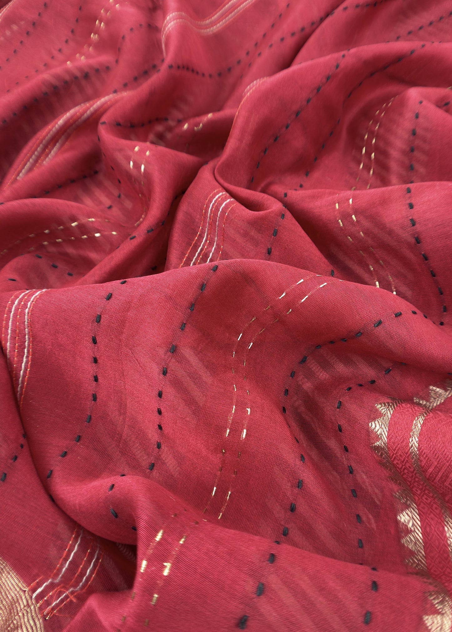 Red Maheshwari Silk Suit Fabric With kantha Dupatta And Kantha Stitch Hand Embroidery