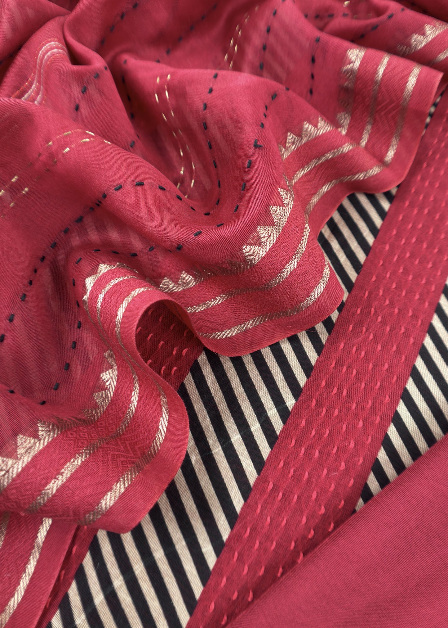 Red Maheshwari Silk Suit Fabric With kantha Dupatta And Kantha Stitch Hand Embroidery