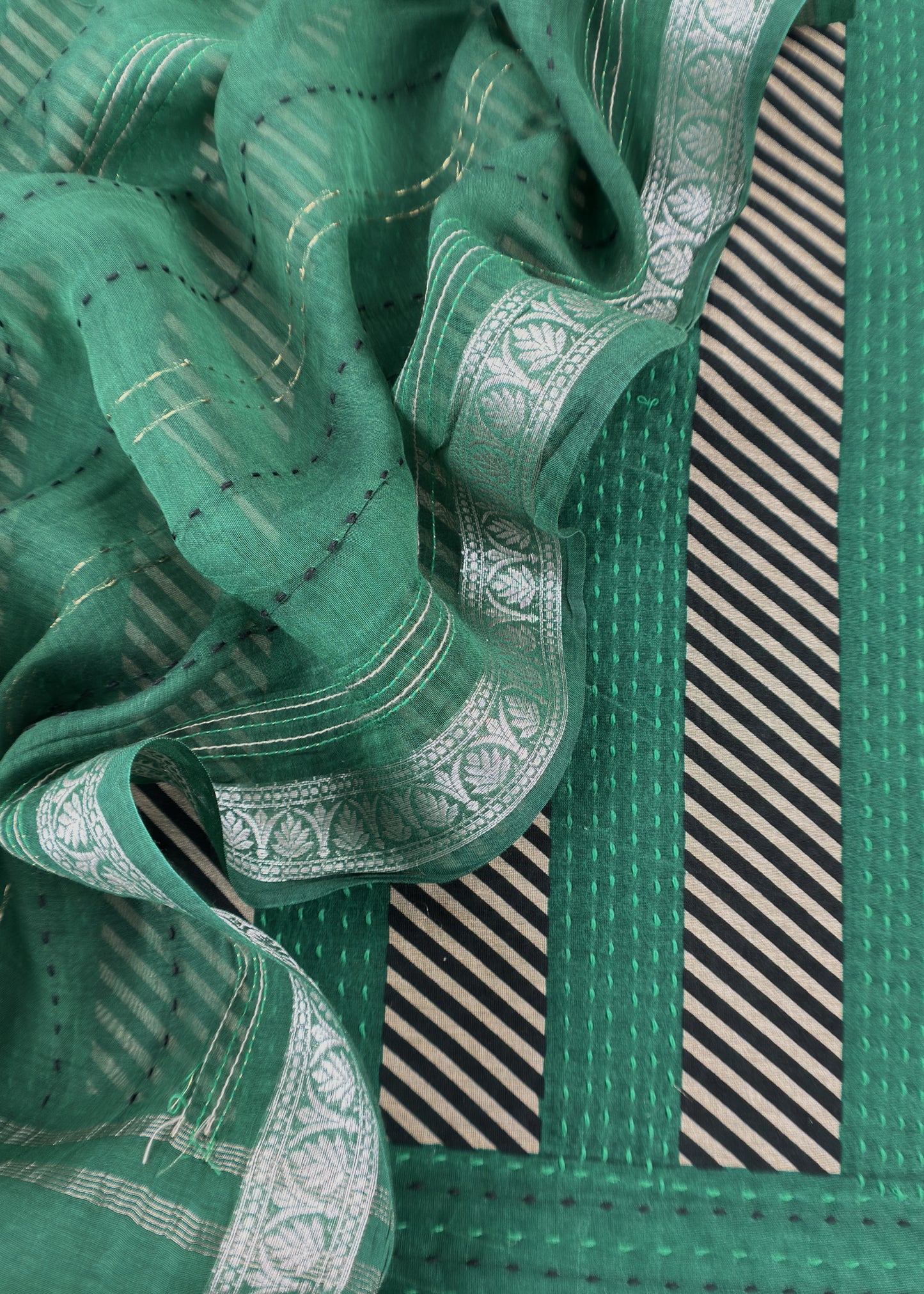 Green Maheshwari Silk Suit Fabric With kantha Dupatta And Kantha Stitch Hand Embroidery