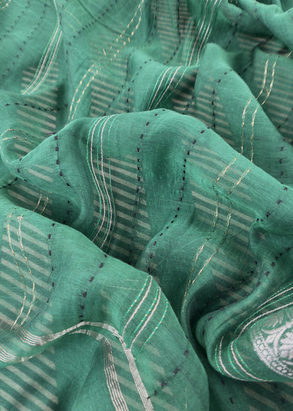 Green Maheshwari Silk Suit Fabric With kantha Dupatta And Kantha Stitch Hand Embroidery