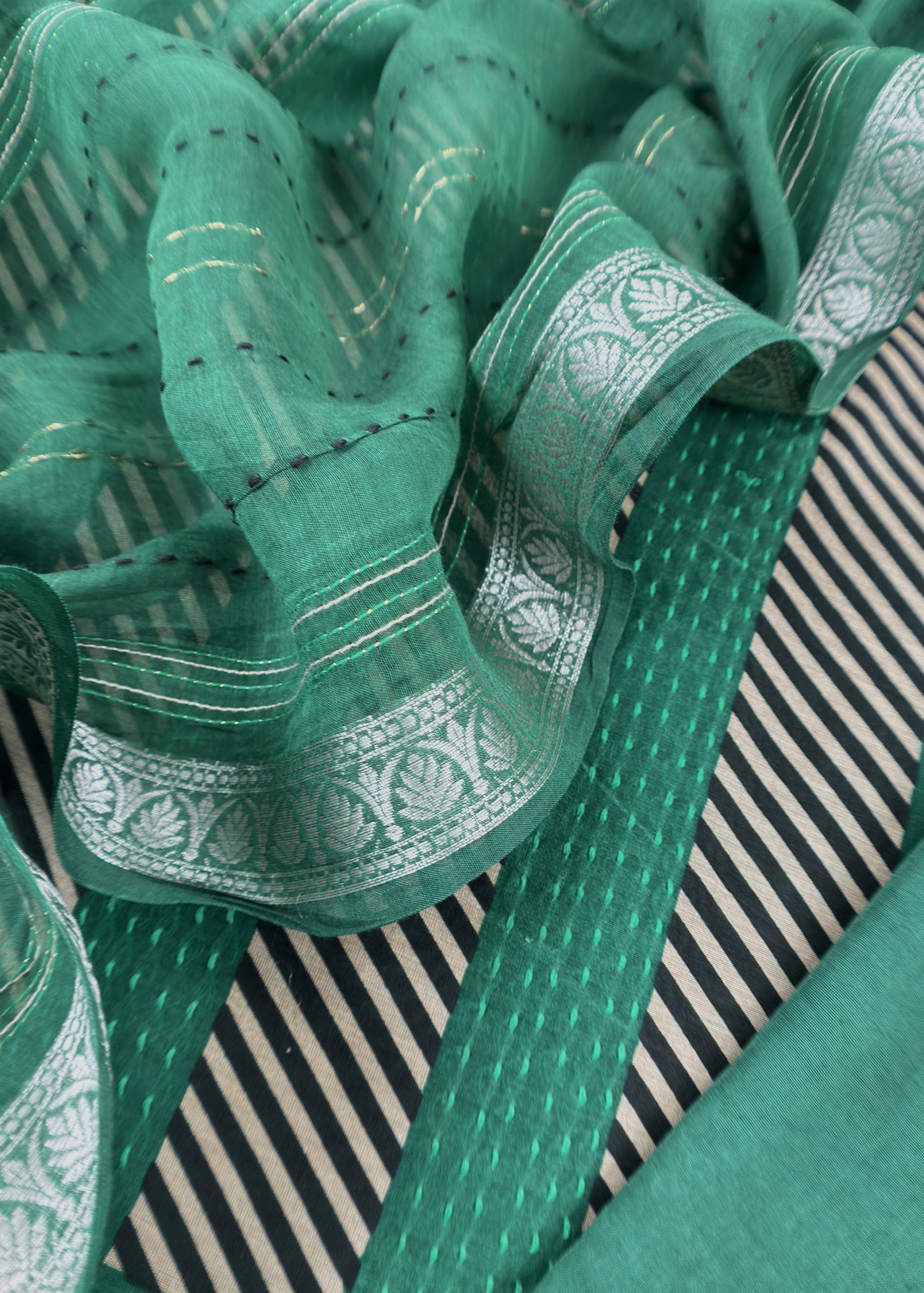 Green Maheshwari Silk Suit Fabric With kantha Dupatta And Kantha Stitch Hand Embroidery