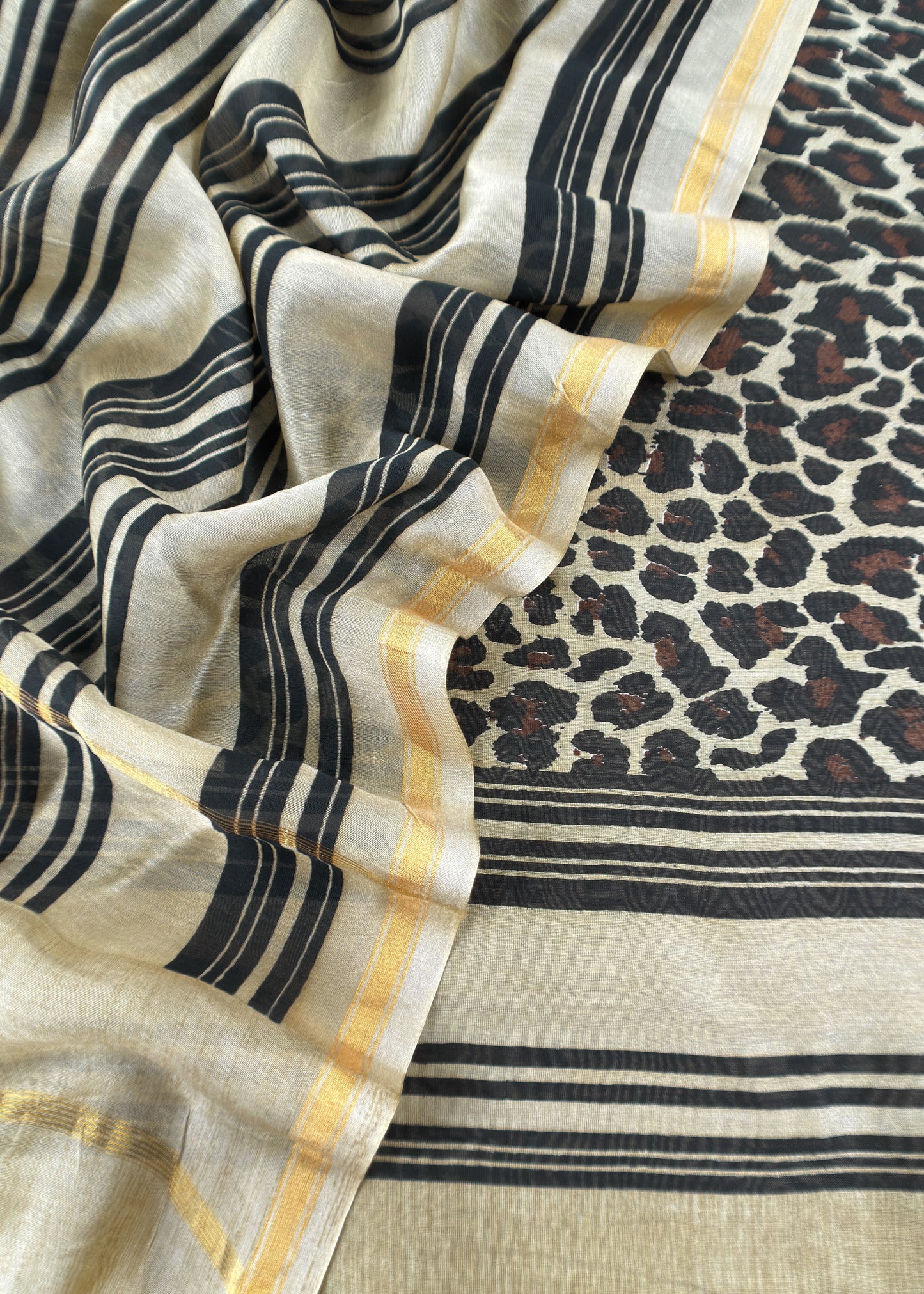 Beige and Black Pure Maheshwari Silk Suit With Dupatta