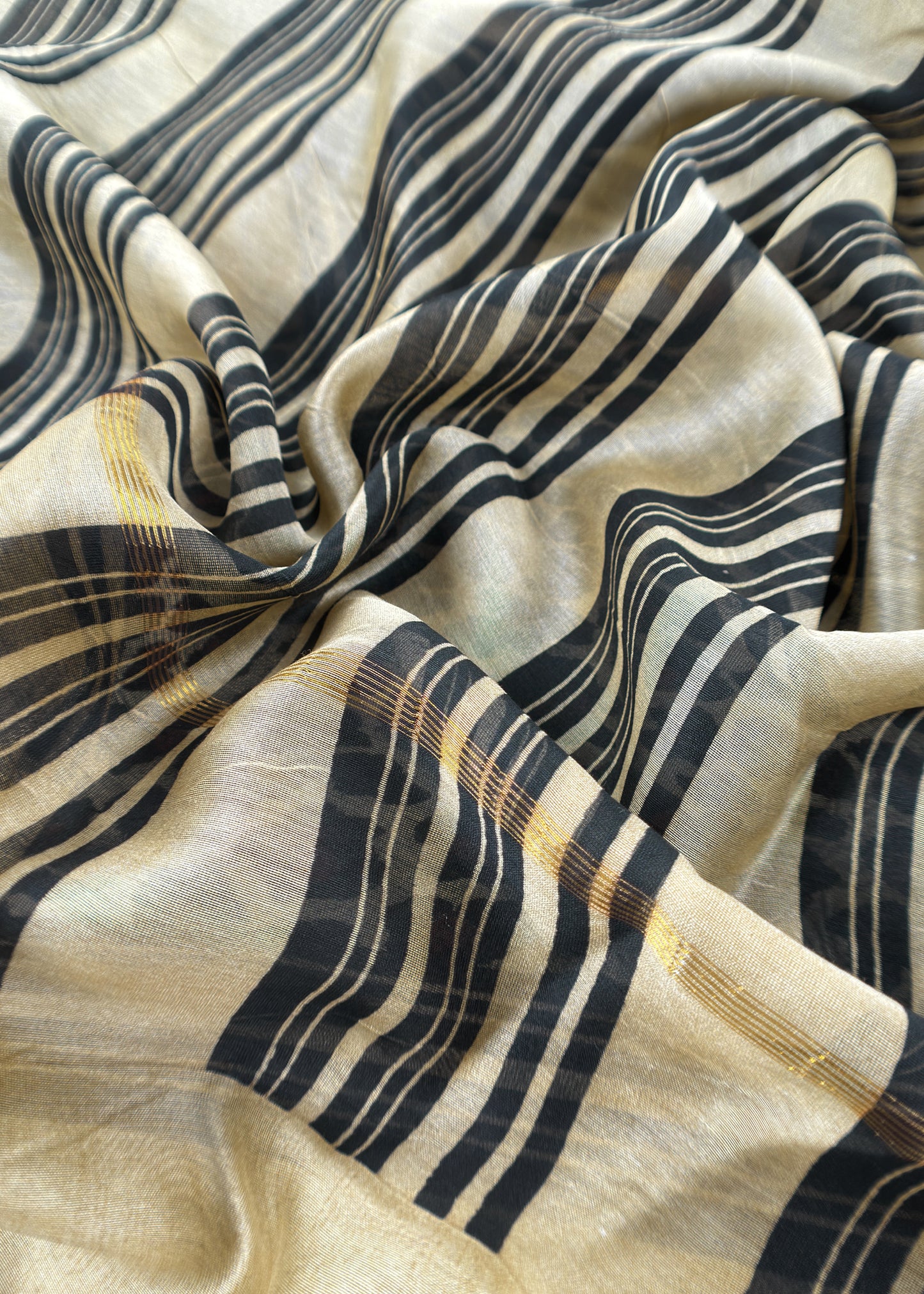 Beige and Black Pure Maheshwari Silk Suit With Dupatta